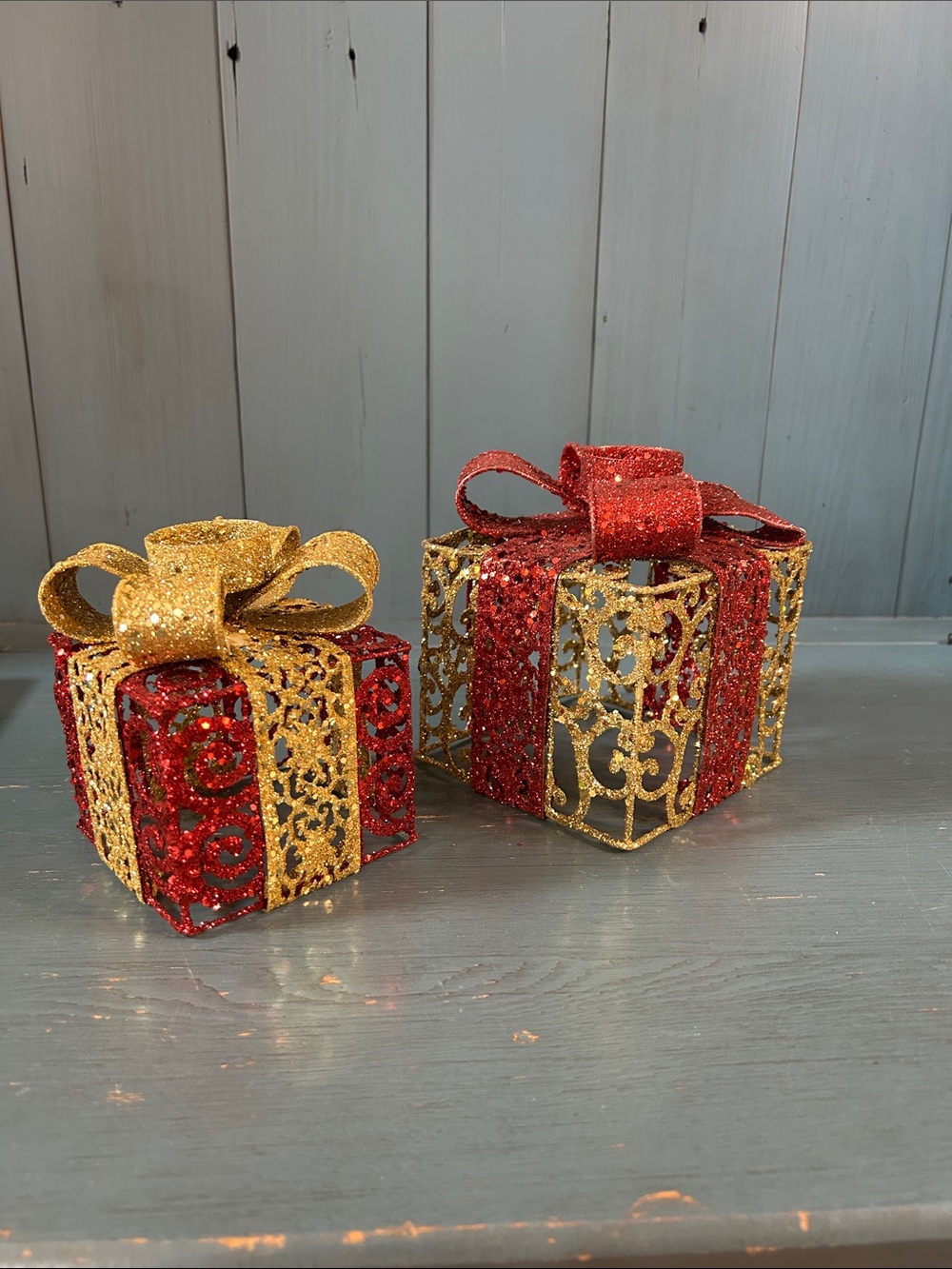 Holiday Decor Red and Gold Glitter Gift Box - Tealight Holders